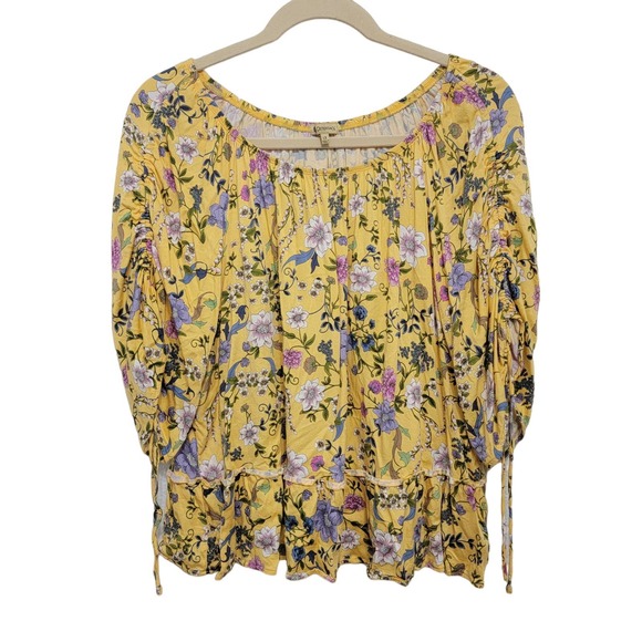 Democracy Yellow Floral Top 1x Off Shoulder Ruched Tie Sleeve 746 - Picture 1 of 12